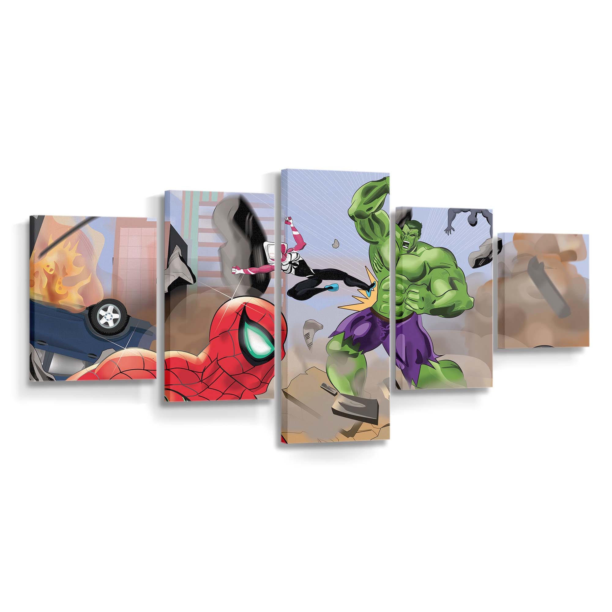 Spiderman And Spider Woman Team Versus The Hulk Leinwandbild Wanddeko