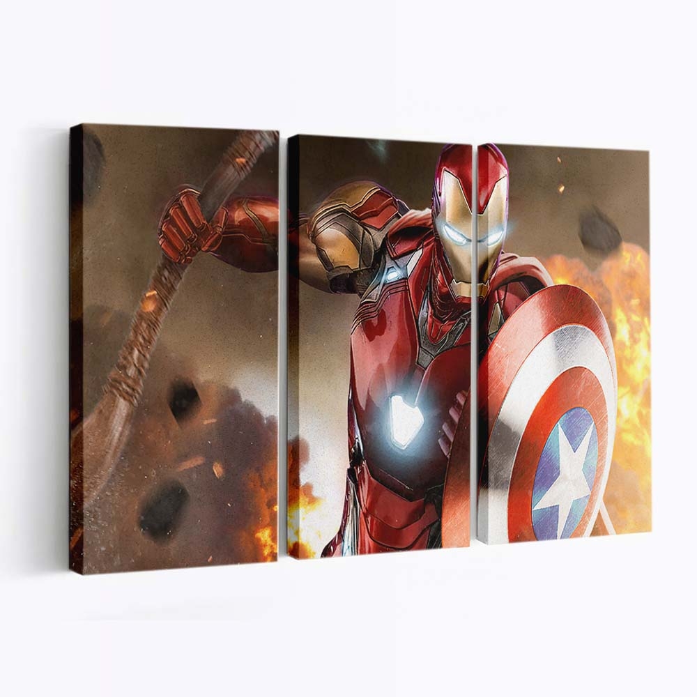 Iron Man mit Captain-Schild und Thor-Hammer Leinwandbild - Wanddeko