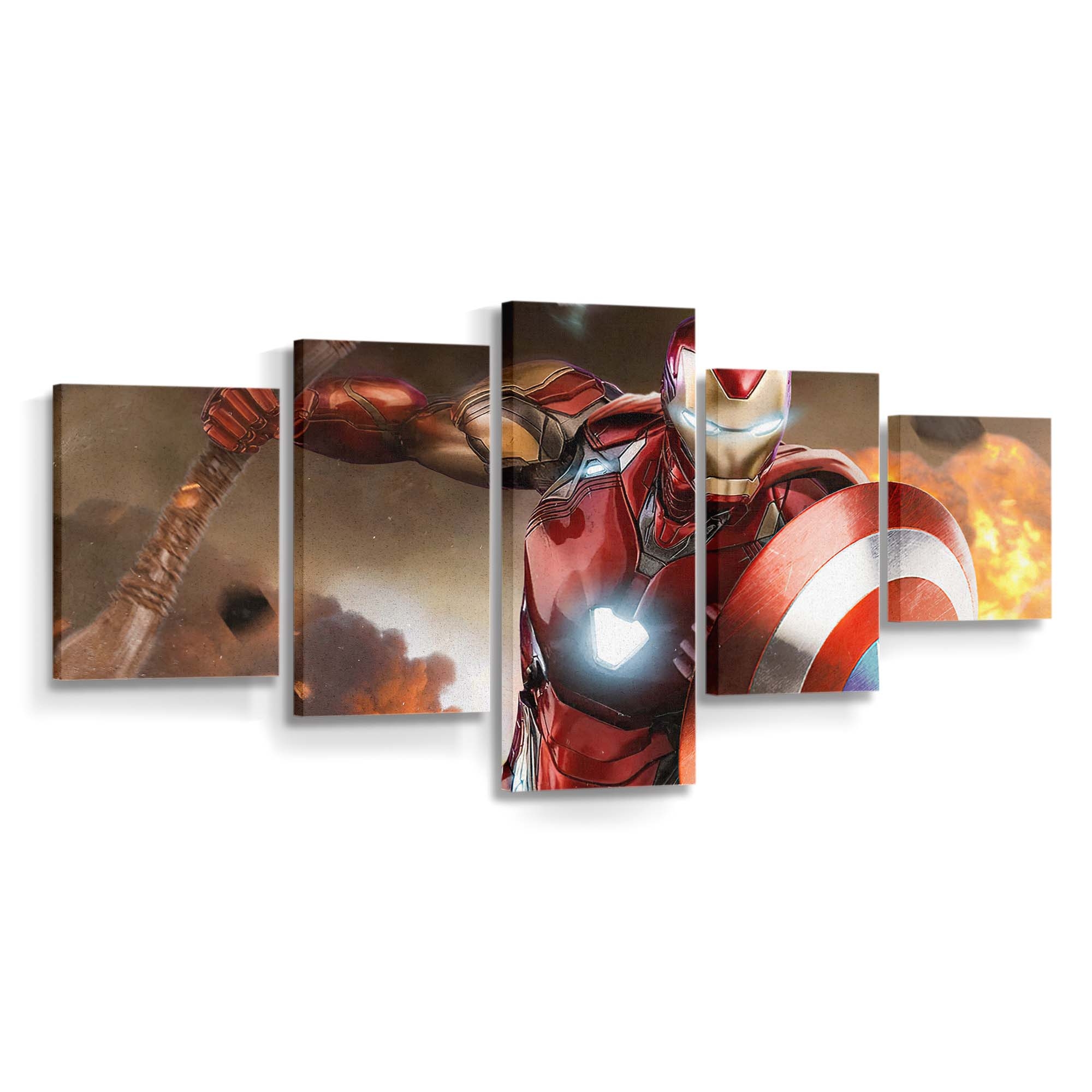 Iron Man mit Captain-Schild und Thor-Hammer Leinwandbild - Wanddeko