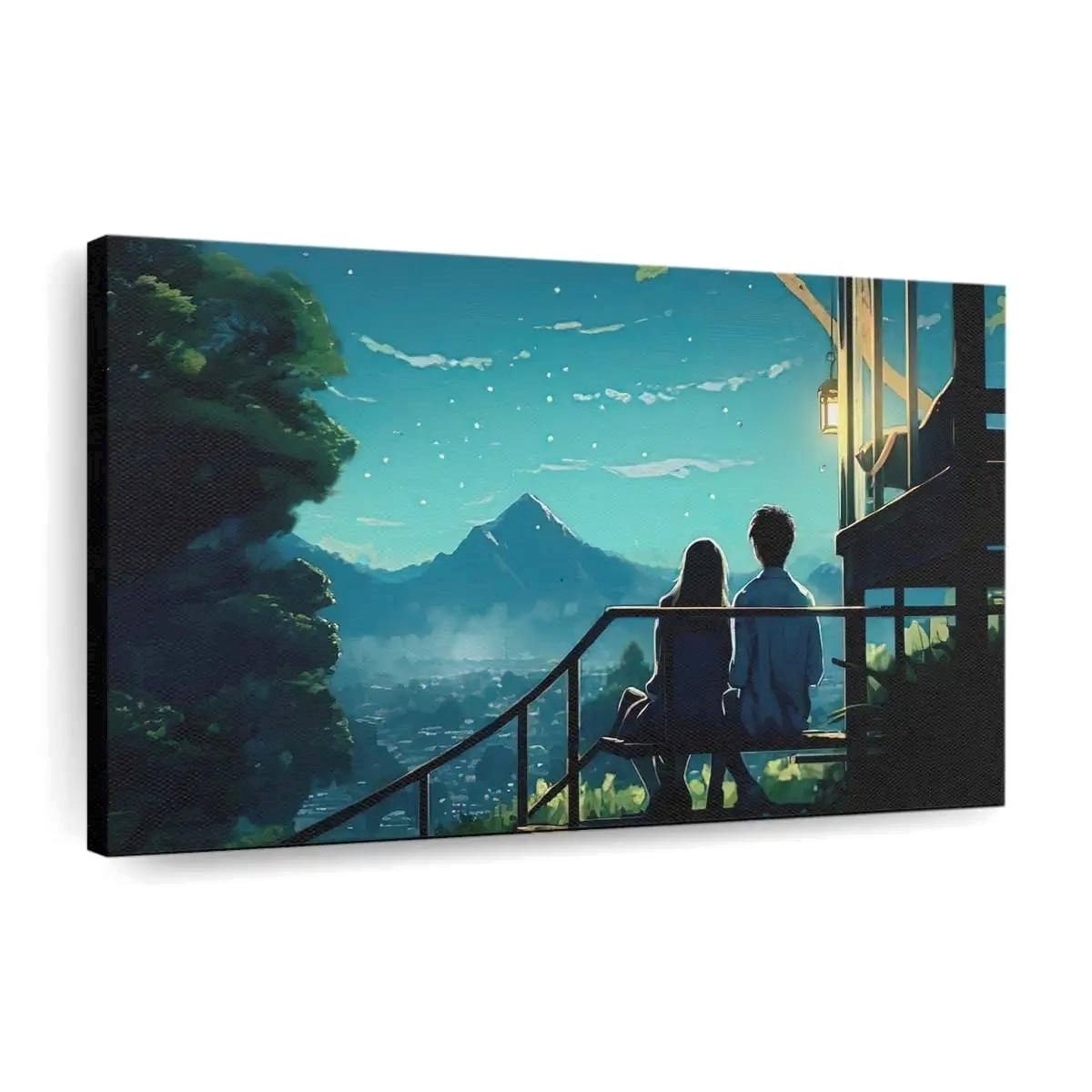 Anime Couple Sitting On Bench Looking At Landscape Anime Madchen - Leinwand - Leinwandbilder