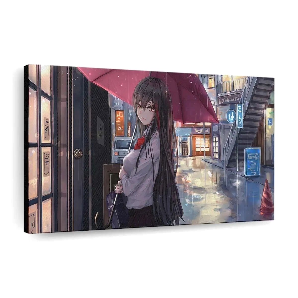 Anime Girl Rain Umbrella Looking At Viewer Anime Madchen - Leinwand - Leinwandbilder