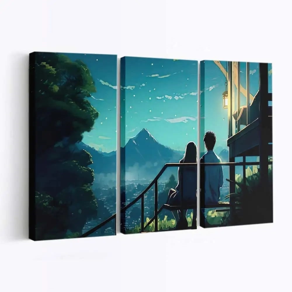 Anime Couple Sitting On Bench Looking At Landscape Anime Madchen - Leinwand - Leinwandbilder