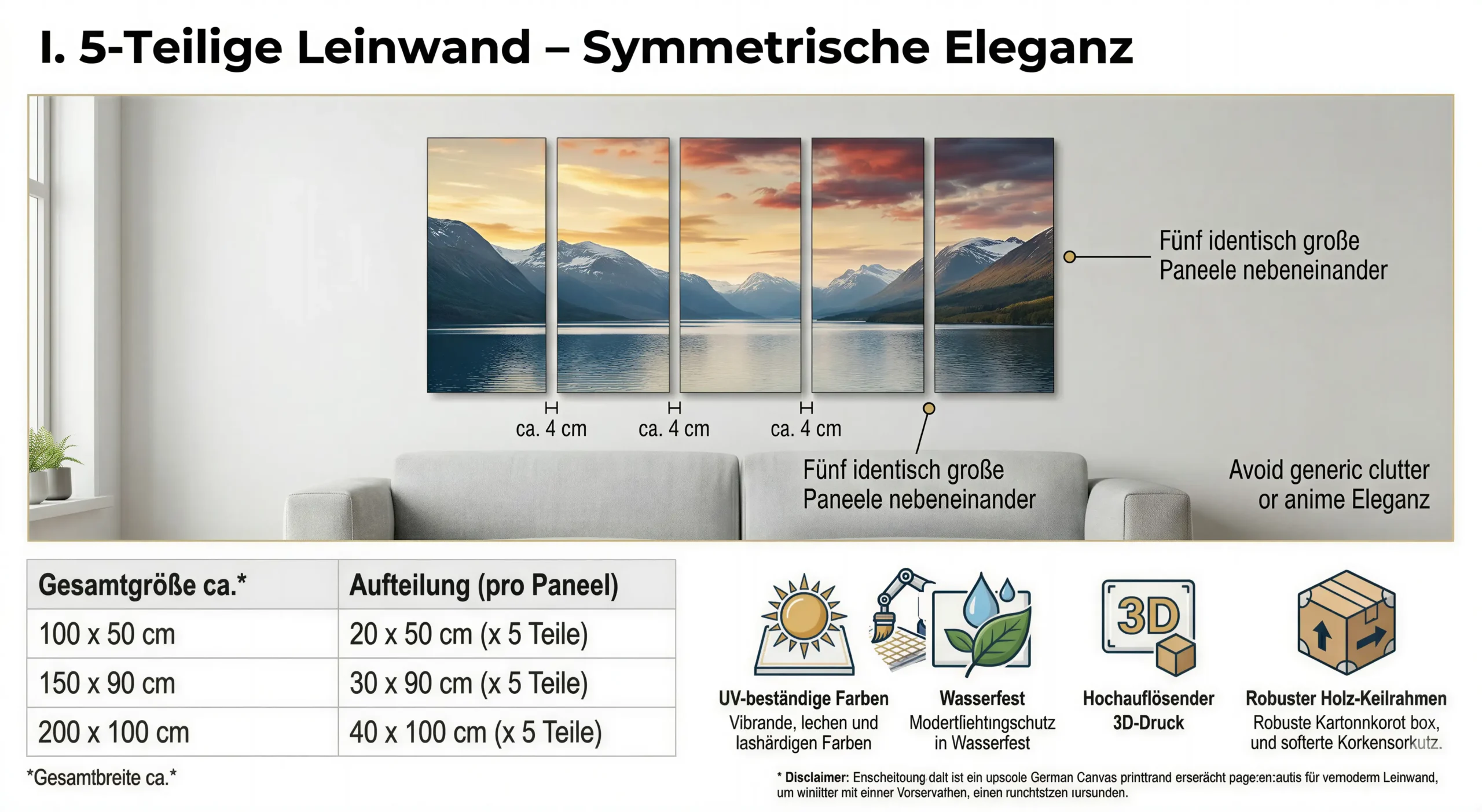 Unsere Formate & Größen-Guide 5-Teilige Leinwand Gleichmäßige Aufteilung