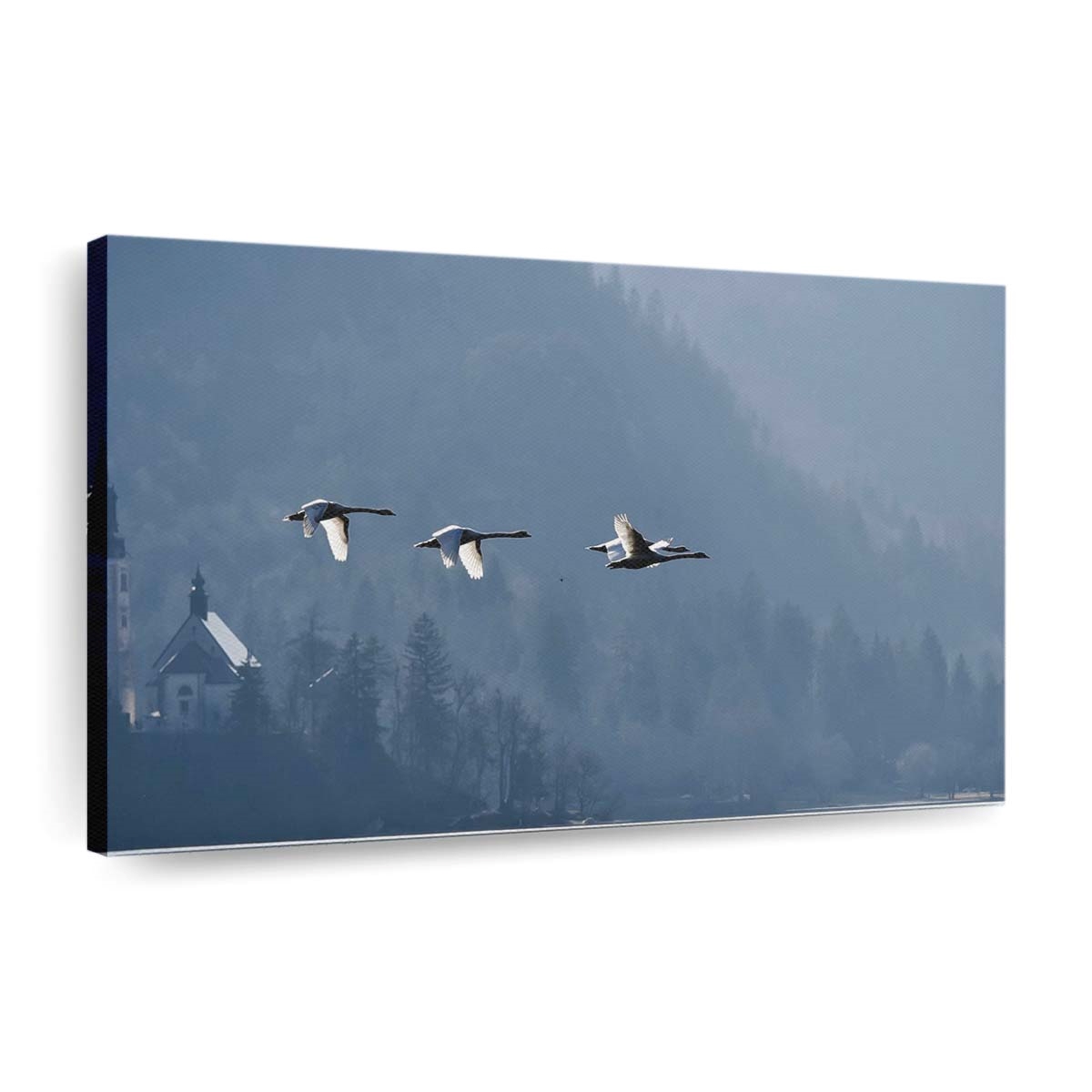 Swans Flying Over Lake Bled By Plastique Aka Vladimir Odorcic Leinwand - Leinwandbilder